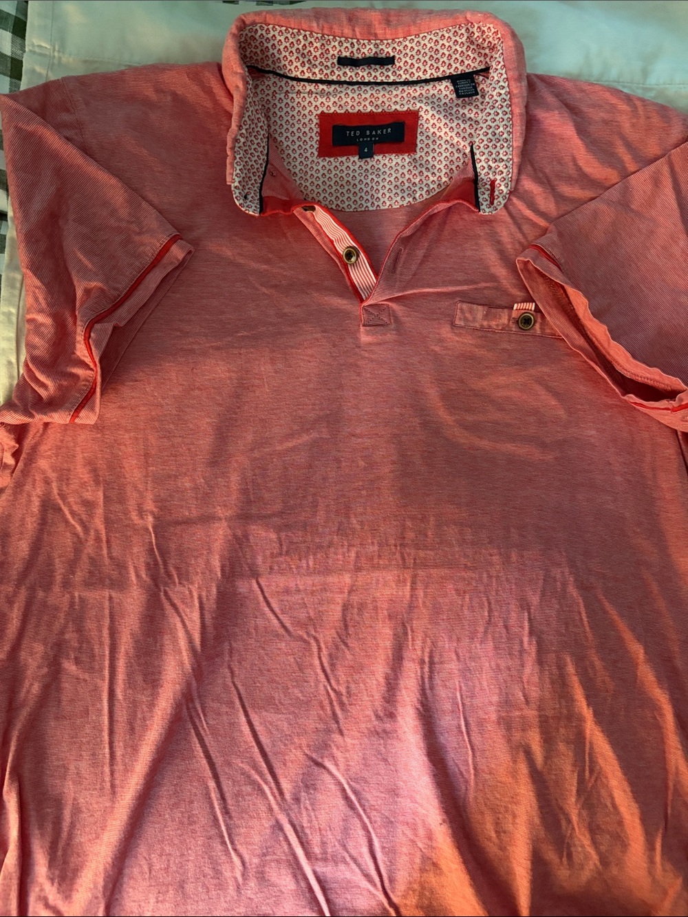 Ted Baker Pink-Coral Polo with Patterned Inner Collar
